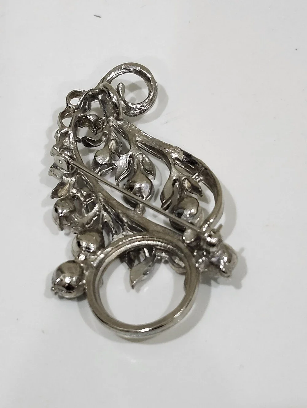 Vintage Flower Bouquet Brooch & Pendant Combo Silver Tone With Rhinestones MCM